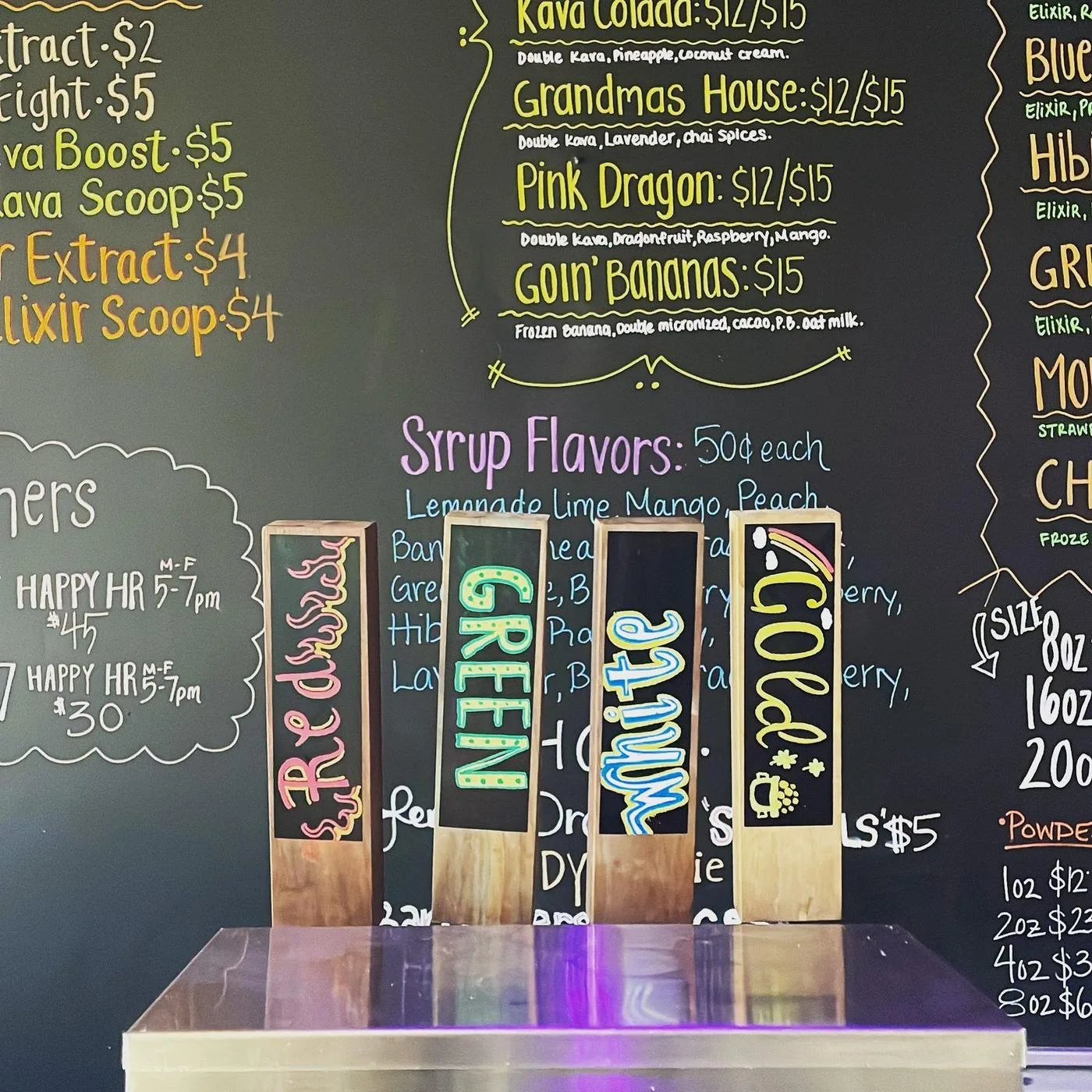 Chalkboard tap list of kava, kratom and kombucha at Kava & Company