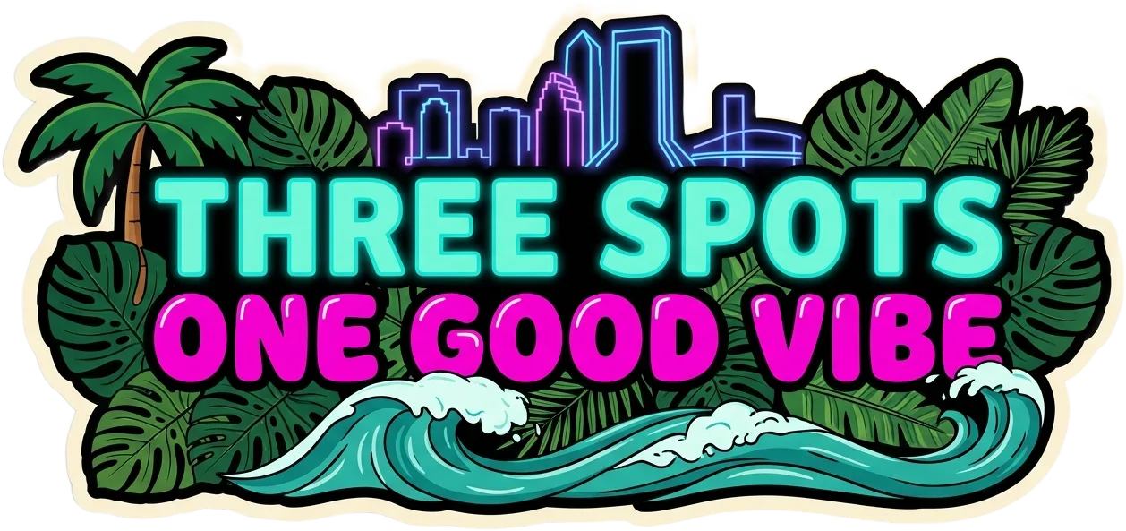Three spots · one good vibe — retro neon jumble with Jacksonville skyline, wave, palm tree and kava shell